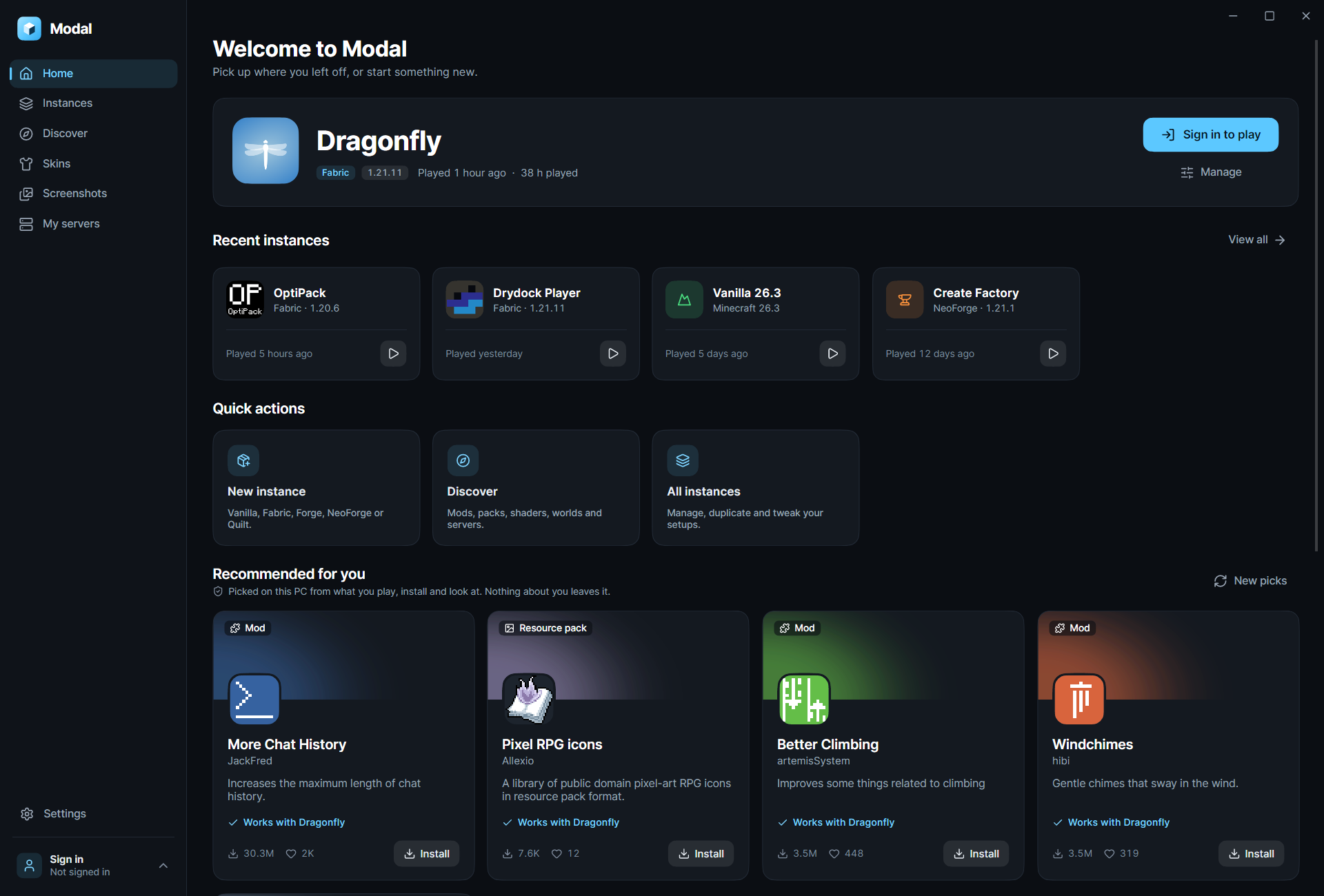 The Modal launcher home screen: the Dragonfly modpack ready to play, recent instances, quick actions and recommended mods and resource packs